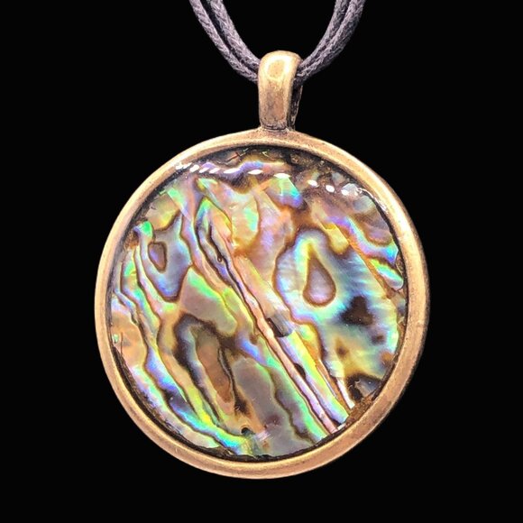 Colorful abalone pendant brass tone setting adjustable multi-strand cord - Picture 2 of 7